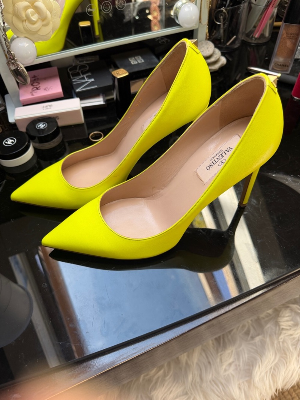 Valentino Neon Yellow Pointed Leather Pumps